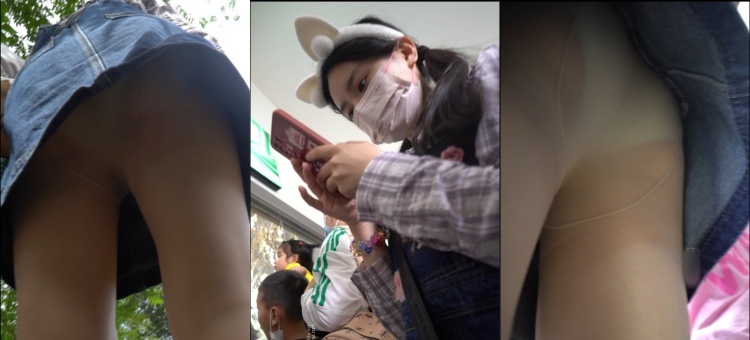 【户外抄底】大神户外公园尾随牛仔短裙妹子 可爱兔耳发箍 肉色薄丝包裹纯白内内可爱！