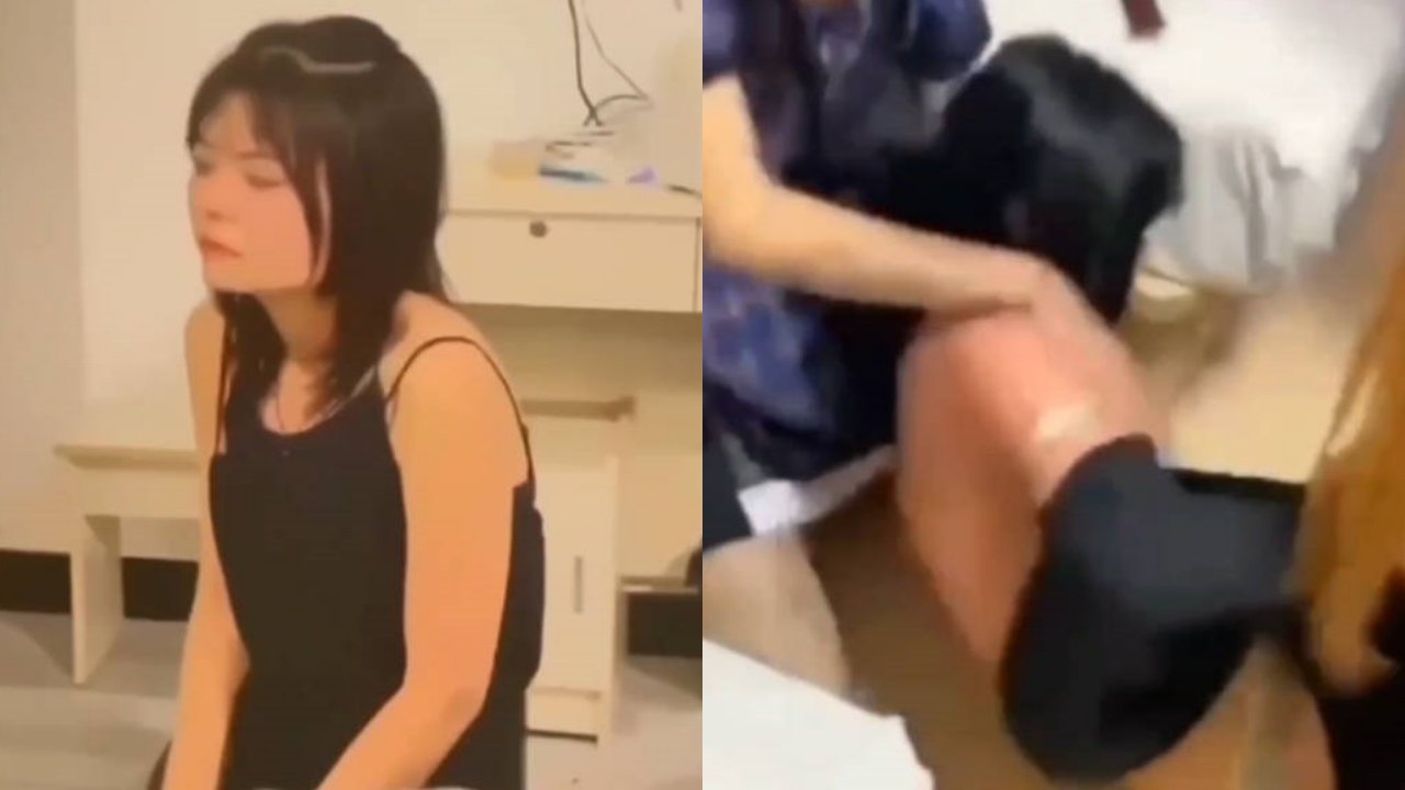 短发少女被暴力扒衣想要逃跑 却被一掌拍倒在地